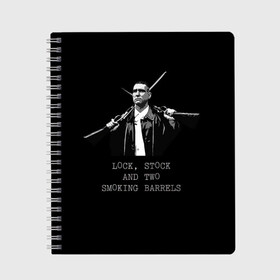 Тетрадь с принтом Карты Деньги 2 Ствола Боевик в Белгороде, 100% бумага | 48 листов, плотность листов — 60 г/м2, плотность картонной обложки — 250 г/м2. Листы скреплены сбоку удобной пружинной спиралью. Уголки страниц и обложки скругленные. Цвет линий — светло-серый
 | Тематика изображения на принте: and two 
smoking barrels | big | chris | film | guns | lock | stock | боевик | большой | гай ричи | два ствола | деньги | карты | комедия | крис | крутой | надпись | стетхем | фильм