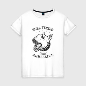 Женская футболка хлопок с принтом Агрессивный бультерьер в Белгороде, 100% хлопок | прямой крой, круглый вырез горловины, длина до линии бедер, слегка спущенное плечо | cute | dog | woof | гав | забавный | кости | пес | собака