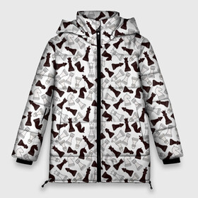 Женская зимняя куртка Oversize с принтом Шахматные Фигуры в Белгороде, верх — 100% полиэстер; подкладка — 100% полиэстер; утеплитель — 100% полиэстер | длина ниже бедра, силуэт Оверсайз. Есть воротник-стойка, отстегивающийся капюшон и ветрозащитная планка. 

Боковые карманы с листочкой на кнопках и внутренний карман на молнии | игра | король | ладья | математика | пешка | ферзь | чёрно белые | шах и мат | шахматист | шахматная доска | шахматы