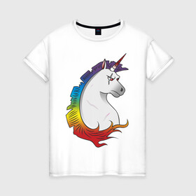 Женская футболка хлопок с принтом  Единорог в Белгороде, 100% хлопок | прямой крой, круглый вырез горловины, длина до линии бедер, слегка спущенное плечо | angry unicorn | harsh unicorn | rainbow unicorn | unicorn | единорог | злой единорог | радужный единорог | суровый единорог