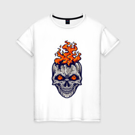 Женская футболка хлопок с принтом Череп огонь в Белгороде, 100% хлопок | прямой крой, круглый вырез горловины, длина до линии бедер, слегка спущенное плечо | fire | skull | в огне | огонь | хипстер | череп | черепушка