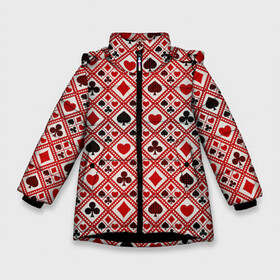 Зимняя куртка для девочек 3D с принтом Картёжник в Белгороде, ткань верха — 100% полиэстер; подклад — 100% полиэстер, утеплитель — 100% полиэстер. | длина ниже бедра, удлиненная спинка, воротник стойка и отстегивающийся капюшон. Есть боковые карманы с листочкой на кнопках, утяжки по низу изделия и внутренний карман на молнии. 

Предусмотрены светоотражающий принт на спинке, радужный светоотражающий элемент на пуллере молнии и на резинке для утяжки. | Тематика изображения на принте: 777 | cards | casino | chips | flash | fortune | game | joker | luck | omaha | poker | roulette | straight | texas holdem | tournament | азарт | джокер | игра | казино | карты | омаха | покер | рулетка | стрит | техасский холдэм | турнир | удача | фишки |