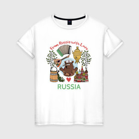 Женская футболка хлопок с принтом From Russia With Love в Белгороде, 100% хлопок | прямой крой, круглый вырез горловины, длина до линии бедер, слегка спущенное плечо | балалайка | береза | иллюстрация | медведь | раша | самовар | собор | туризм