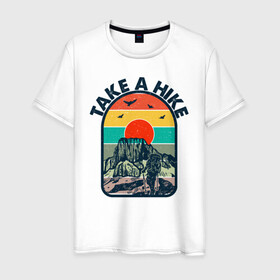Мужская футболка хлопок с принтом Take A Hike в Белгороде, 100% хлопок | прямой крой, круглый вырез горловины, длина до линии бедер, слегка спущенное плечо. | hike | горы | закат | иллюстрация | птицы