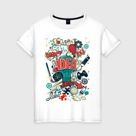 Женская футболка хлопок с принтом КРЕАТИВНЫЕ ИДЕИ в Белгороде, 100% хлопок | прямой крой, круглый вырез горловины, длина до линии бедер, слегка спущенное плечо | creative | game | idea | igagine | work | воображение | игры | идея | креатив | работа | решение | творчество | ум