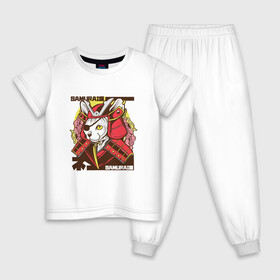 Детская пижама хлопок с принтом Японский кот самурай в Белгороде, 100% хлопок |  брюки и футболка прямого кроя, без карманов, на брюках мягкая резинка на поясе и по низу штанин
 | Тематика изображения на принте: art | cat | cyberpunk samurai | ninja | oni | ronin | samurai | shogun | yakuza | арт | воин | воитель | киберпанк самурай | кошка | мерч | прикол | путь воина | путь война | ронин | сёгун | сепукку | токио | харакири | черный самурай