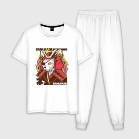 Мужская пижама хлопок с принтом Японский кот самурай в Белгороде, 100% хлопок | брюки и футболка прямого кроя, без карманов, на брюках мягкая резинка на поясе и по низу штанин
 | Тематика изображения на принте: art | cat | cyberpunk samurai | ninja | oni | ronin | samurai | shogun | yakuza | арт | воин | воитель | киберпанк самурай | кошка | мерч | прикол | путь воина | путь война | ронин | сёгун | сепукку | токио | харакири | черный самурай