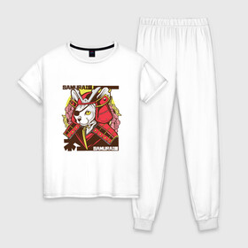 Женская пижама хлопок с принтом Японский кот самурай в Белгороде, 100% хлопок | брюки и футболка прямого кроя, без карманов, на брюках мягкая резинка на поясе и по низу штанин | art | cat | cyberpunk samurai | ninja | oni | ronin | samurai | shogun | yakuza | арт | воин | воитель | киберпанк самурай | кошка | мерч | прикол | путь воина | путь война | ронин | сёгун | сепукку | токио | харакири | черный самурай