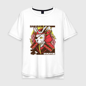 Мужская футболка хлопок Oversize с принтом Японский кот самурай в Белгороде, 100% хлопок | свободный крой, круглый ворот, “спинка” длиннее передней части | art | cat | cyberpunk samurai | ninja | oni | ronin | samurai | shogun | yakuza | арт | воин | воитель | киберпанк самурай | кошка | мерч | прикол | путь воина | путь война | ронин | сёгун | сепукку | токио | харакири | черный самурай