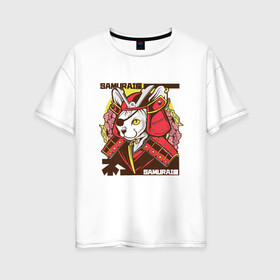 Женская футболка хлопок Oversize с принтом Японский кот самурай в Белгороде, 100% хлопок | свободный крой, круглый ворот, спущенный рукав, длина до линии бедер
 | art | cat | cyberpunk samurai | ninja | oni | ronin | samurai | shogun | yakuza | арт | воин | воитель | киберпанк самурай | кошка | мерч | прикол | путь воина | путь война | ронин | сёгун | сепукку | токио | харакири | черный самурай