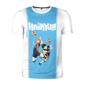 Мужская футболка 3D спортивная с принтом Хината и Кагеяма Haikyuu!! в Белгороде, 100% полиэстер с улучшенными характеристиками | приталенный силуэт, круглая горловина, широкие плечи, сужается к линии бедра | anime | haikyu | haikyuu | karasuno | manga | аниме | волейбол | волейбольный клуб | вороны | карасуно | король площадки | манга | ниндзя шоё | синяя | старшая школа | тобио кагеяма | хаику | хаикую | шоё хината