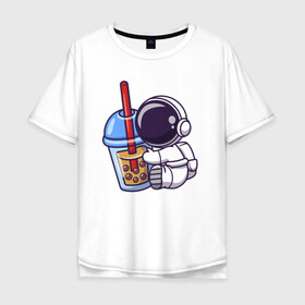 Мужская футболка хлопок Oversize с принтом Астронавт и сок в Белгороде, 100% хлопок | свободный крой, круглый ворот, “спинка” длиннее передней части | Тематика изображения на принте: астронавт | иллюстрация | космос | сок | стакан