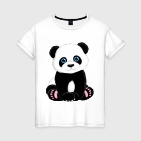 Женская футболка хлопок с принтом Милая панда в Белгороде, 100% хлопок | прямой крой, круглый вырез горловины, длина до линии бедер, слегка спущенное плечо | маленькая панда | медвежонок | панда | черно белый медведь