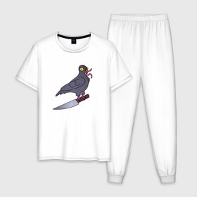 Мужская пижама хлопок с принтом Опасный голубь в Белгороде, 100% хлопок | брюки и футболка прямого кроя, без карманов, на брюках мягкая резинка на поясе и по низу штанин
 | Тематика изображения на принте: голубь | крылья | нож | перья | полёт | птица | червяк