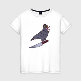 Женская футболка хлопок с принтом Опасный голубь в Белгороде, 100% хлопок | прямой крой, круглый вырез горловины, длина до линии бедер, слегка спущенное плечо | голубь | крылья | нож | перья | полёт | птица | червяк