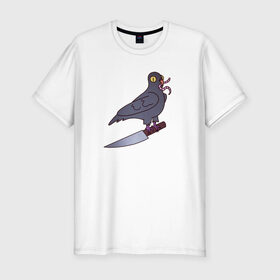 Мужская футболка хлопок Slim с принтом Опасный голубь в Белгороде, 92% хлопок, 8% лайкра | приталенный силуэт, круглый вырез ворота, длина до линии бедра, короткий рукав | голубь | крылья | нож | перья | полёт | птица | червяк