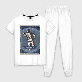 Женская пижама хлопок с принтом First In Space в Белгороде, 100% хлопок | брюки и футболка прямого кроя, без карманов, на брюках мягкая резинка на поясе и по низу штанин | art | first | астронавт | галактика | иллюстрация