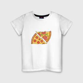 Детская футболка хлопок с принтом Два кусочка пиццы  в Белгороде, 100% хлопок | круглый вырез горловины, полуприлегающий силуэт, длина до линии бедер | Тематика изображения на принте: chees | cheesy | fast food | fastfood | food | love | margarita | pepperoni | pizza | pizza lover | pizza margherita | slice | two pizza slices | базилик | колбаса | колбаска | люблю пиццу | любовь | маргарита | овощи | пепперони | помидоры | сыр | тянущи