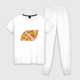 Женская пижама хлопок с принтом Два кусочка пиццы  в Белгороде, 100% хлопок | брюки и футболка прямого кроя, без карманов, на брюках мягкая резинка на поясе и по низу штанин | chees | cheesy | fast food | fastfood | food | love | margarita | pepperoni | pizza | pizza lover | pizza margherita | slice | two pizza slices | базилик | колбаса | колбаска | люблю пиццу | любовь | маргарита | овощи | пепперони | помидоры | сыр | тянущи
