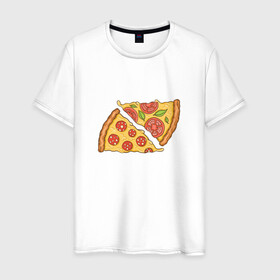 Мужская футболка хлопок с принтом Два кусочка пиццы  в Белгороде, 100% хлопок | прямой крой, круглый вырез горловины, длина до линии бедер, слегка спущенное плечо. | chees | cheesy | fast food | fastfood | food | love | margarita | pepperoni | pizza | pizza lover | pizza margherita | slice | two pizza slices | базилик | колбаса | колбаска | люблю пиццу | любовь | маргарита | овощи | пепперони | помидоры | сыр | тянущи