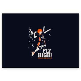 Поздравительная открытка с принтом fly high! Шоё Хината Haikyuu!! в Белгороде, 100% бумага | плотность бумаги 280 г/м2, матовая, на обратной стороне линовка и место для марки
 | 10 номер | anime | haikyu | haikyuu | hinata shoyo | karasuno | manga | аниме | волейбол | волейбольный клуб | иероглифы | карасуно | лети высоко | лого | манга | надпись | прыжок | старшая школа | хаику | хаикую