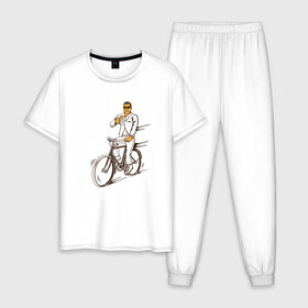 Мужская пижама хлопок с принтом Велосипед и пиво в Белгороде, 100% хлопок | брюки и футболка прямого кроя, без карманов, на брюках мягкая резинка на поясе и по низу штанин
 | Тематика изображения на принте: без рук | вело | велосипед | велосипедист | колеса | руль | спорт