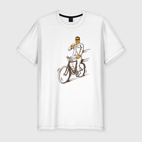 Мужская футболка хлопок Slim с принтом Велосипед и пиво в Белгороде, 92% хлопок, 8% лайкра | приталенный силуэт, круглый вырез ворота, длина до линии бедра, короткий рукав | Тематика изображения на принте: без рук | вело | велосипед | велосипедист | колеса | руль | спорт