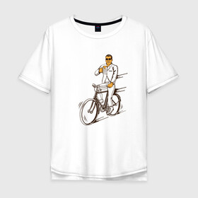 Мужская футболка хлопок Oversize с принтом Велосипед и пиво в Белгороде, 100% хлопок | свободный крой, круглый ворот, “спинка” длиннее передней части | Тематика изображения на принте: без рук | вело | велосипед | велосипедист | колеса | руль | спорт