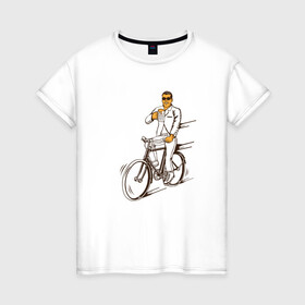 Женская футболка хлопок с принтом Велосипед и пиво в Белгороде, 100% хлопок | прямой крой, круглый вырез горловины, длина до линии бедер, слегка спущенное плечо | без рук | вело | велосипед | велосипедист | колеса | руль | спорт