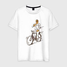 Мужская футболка хлопок с принтом Велосипед и пиво в Белгороде, 100% хлопок | прямой крой, круглый вырез горловины, длина до линии бедер, слегка спущенное плечо. | Тематика изображения на принте: без рук | вело | велосипед | велосипедист | колеса | руль | спорт