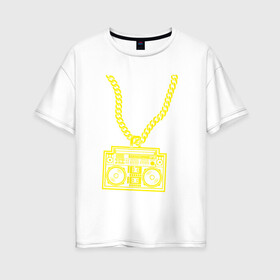 Женская футболка хлопок Oversize с принтом Золотой магнитофон на цепи в Белгороде, 100% хлопок | свободный крой, круглый ворот, спущенный рукав, длина до линии бедер
 | бумбокс | золотая цепь | золото | магнитофон | музыка | цепь