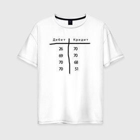 Женская футболка хлопок Oversize с принтом Дебет кредит в Белгороде, 100% хлопок | свободный крой, круглый ворот, спущенный рукав, длина до линии бедер
 | бухгалтер | бухгалтерия | бухгалтерский | дебет | зарплата | кредит | начисление | проводки