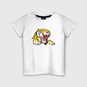Детская футболка хлопок с принтом Тигр в Белгороде, 100% хлопок | круглый вырез горловины, полуприлегающий силуэт, длина до линии бедер | дыра | дырка | крупная кошка | разрывает | тигр | тигрица