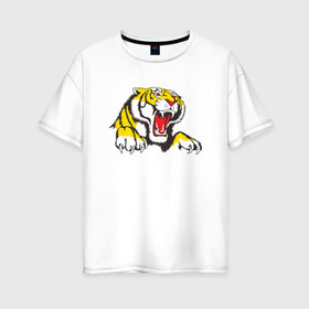 Женская футболка хлопок Oversize с принтом Тигр в Белгороде, 100% хлопок | свободный крой, круглый ворот, спущенный рукав, длина до линии бедер
 | дыра | дырка | крупная кошка | разрывает | тигр | тигрица
