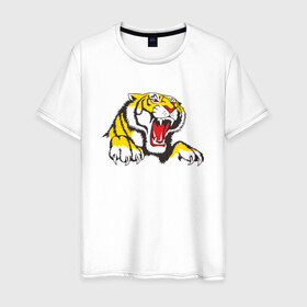 Мужская футболка хлопок с принтом Тигр в Белгороде, 100% хлопок | прямой крой, круглый вырез горловины, длина до линии бедер, слегка спущенное плечо. | дыра | дырка | крупная кошка | разрывает | тигр | тигрица