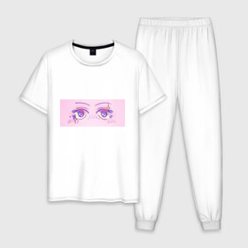 Мужская пижама хлопок с принтом Аниме глазки в Белгороде, 100% хлопок | брюки и футболка прямого кроя, без карманов, на брюках мягкая резинка на поясе и по низу штанин
 | kawaii | блестки | макияж | милота | розовый