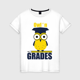 Женская футболка хлопок с принтом Owl Grades в Белгороде, 100% хлопок | прямой крой, круглый вырез горловины, длина до линии бедер, слегка спущенное плечо | арт | иллюстрация | карандаш | сова | студент