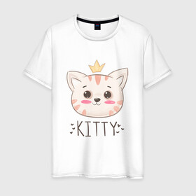 Мужская футболка хлопок с принтом Котик в короне Kitty в Белгороде, 100% хлопок | прямой крой, круглый вырез горловины, длина до линии бедер, слегка спущенное плечо. | cat | kawaii | kitten | kitty | pussycat | кот | котенок | котик | кошачьи | кошка | милый