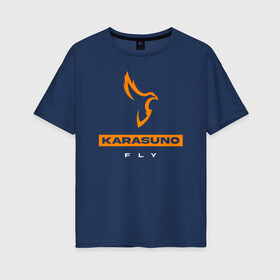 Женская футболка хлопок Oversize с принтом KARASUNO лого Haikyu!! в Белгороде, 100% хлопок | свободный крой, круглый ворот, спущенный рукав, длина до линии бедер
 | anime | haikyu | haikyuu | karasuno | karasuno high | manga | аниме | волейбол | волейбольный клуб | ворон | вороны | карасуно | крылья | лого | манга | надпись | перо | птица | старшая школа | хаику | хаикую
