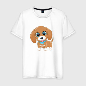 Мужская футболка хлопок с принтом Собачка с бантиком в Белгороде, 100% хлопок | прямой крой, круглый вырез горловины, длина до линии бедер, слегка спущенное плечо. | cute | dog | woof | гав | забавный | пес | смешной | собака | щенок