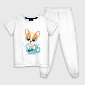 Детская пижама хлопок с принтом Собачка в кружке hello в Белгороде, 100% хлопок |  брюки и футболка прямого кроя, без карманов, на брюках мягкая резинка на поясе и по низу штанин
 | cute | dog | woof | гав | забавный | пес | смешной | собака | щенок