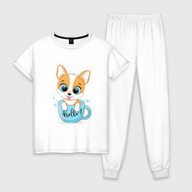 Женская пижама хлопок с принтом Собачка в кружке hello в Белгороде, 100% хлопок | брюки и футболка прямого кроя, без карманов, на брюках мягкая резинка на поясе и по низу штанин | cute | dog | woof | гав | забавный | пес | смешной | собака | щенок