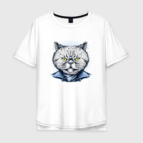 Мужская футболка хлопок Oversize с принтом Голова серьезного кота в Белгороде, 100% хлопок | свободный крой, круглый ворот, “спинка” длиннее передней части | cat | kawaii | kitten | kitty | pussycat | кот | котенок | котик | кошачьи | кошка | милый