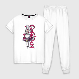 Женская пижама хлопок с принтом GENSHIN IMPACT (Noelle) в Белгороде, 100% хлопок | брюки и футболка прямого кроя, без карманов, на брюках мягкая резинка на поясе и по низу штанин | anime | game | genshin | genshin impact | impact | noelle | аниме | игра | ноэлль