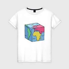 Женская футболка хлопок с принтом Квадратный глобус земли в Белгороде, 100% хлопок | прямой крой, круглый вырез горловины, длина до линии бедер, слегка спущенное плечо | art | cube | cubic | earth | europe | funny | globe | globus | humor | illustration | map | south america | америка | арт | африка | евразия | европа | земля | иллюстрация | карта | континенты | кубизм | кубическая карта | планета | прикол
