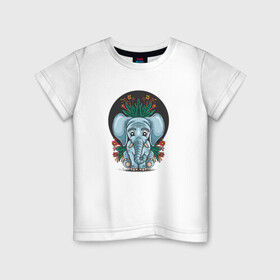 Детская футболка хлопок с принтом Слон и цветы в Белгороде, 100% хлопок | круглый вырез горловины, полуприлегающий силуэт, длина до линии бедер | Тематика изображения на принте: cute | elephant | животное | милый | слон | слоненок | слоник | цветы
