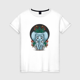 Женская футболка хлопок с принтом Слон и цветы в Белгороде, 100% хлопок | прямой крой, круглый вырез горловины, длина до линии бедер, слегка спущенное плечо | cute | elephant | животное | милый | слон | слоненок | слоник | цветы