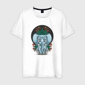 Мужская футболка хлопок с принтом Слон и цветы в Белгороде, 100% хлопок | прямой крой, круглый вырез горловины, длина до линии бедер, слегка спущенное плечо. | cute | elephant | животное | милый | слон | слоненок | слоник | цветы