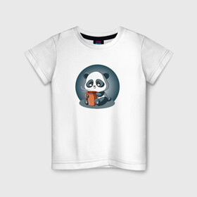 Детская футболка хлопок с принтом Панда с кружкой кофе в Белгороде, 100% хлопок | круглый вырез горловины, полуприлегающий силуэт, длина до линии бедер | coffee | panda | животное | кофе | медведи | медведь | мишки | панда | панды