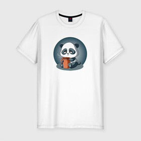 Мужская футболка хлопок Slim с принтом Панда с кружкой кофе в Белгороде, 92% хлопок, 8% лайкра | приталенный силуэт, круглый вырез ворота, длина до линии бедра, короткий рукав | coffee | panda | животное | кофе | медведи | медведь | мишки | панда | панды